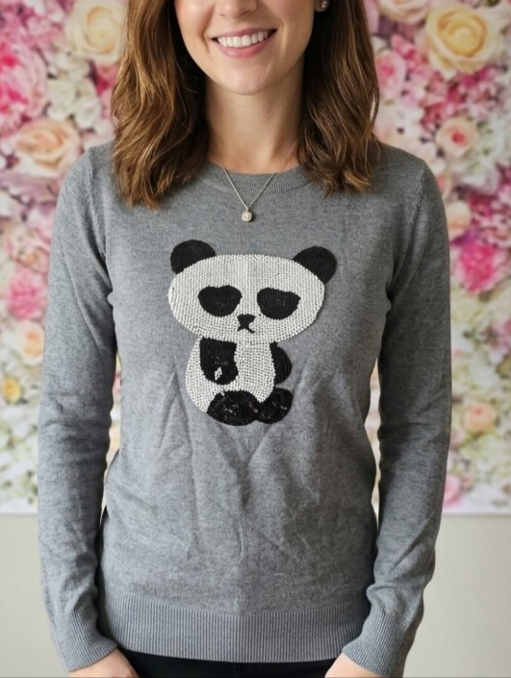 French Connection Beaded Panda Sweater Gray Size XS